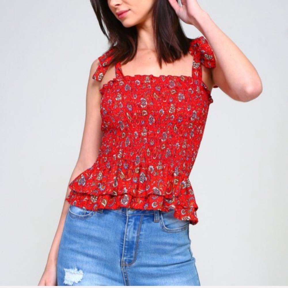 ALICE red floral smocked top tie shoulders - Picture 3 of 8